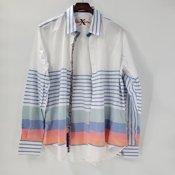 Robert Graham Mens Button Up Shirt XL White Blue Striped Geometric Flip Cuffs - Picture 4 of 16